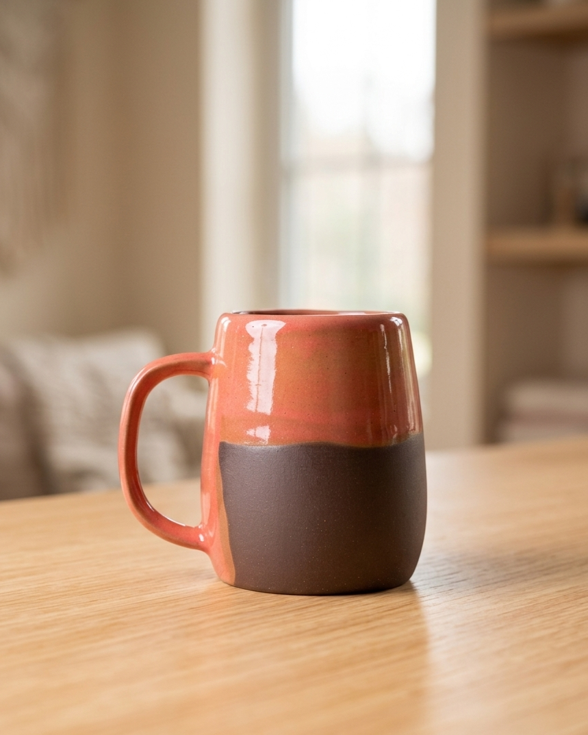 Stone Ceramic Mug, Candy renk varyantı, kiremit mercan sır detay