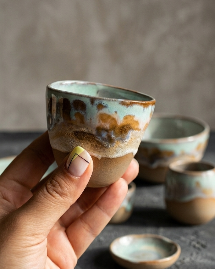 Stone Sip fincan yakın çekim, çıplak ham stoneware taban detayı