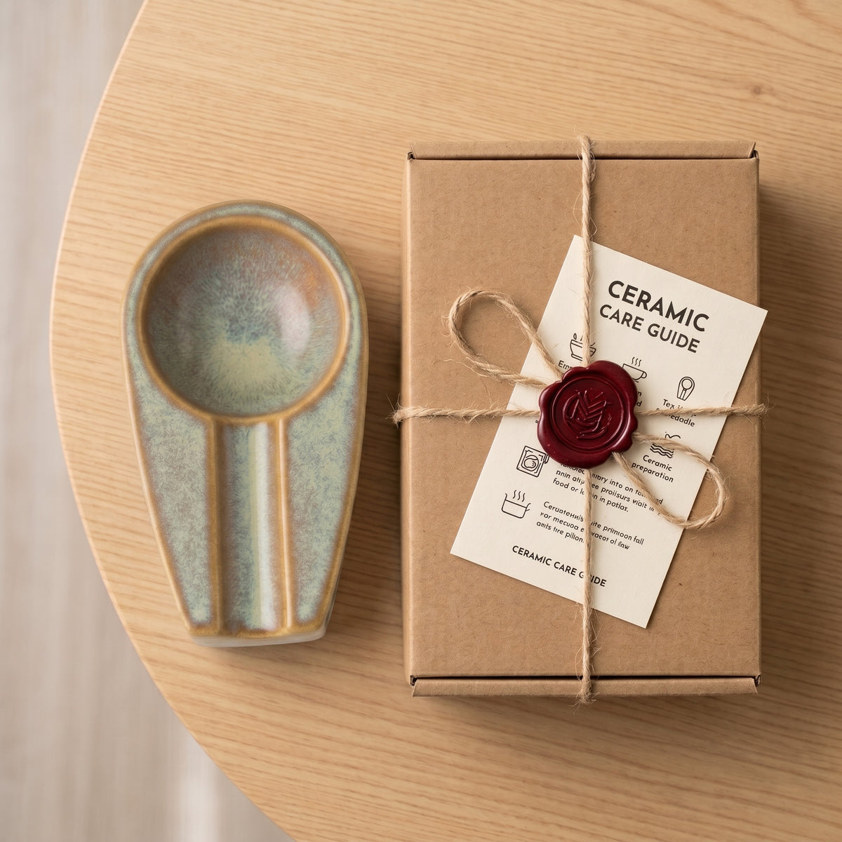 Handmade stoneware cigar ashtray displayed next to its closed gift box and custom artisan tag
