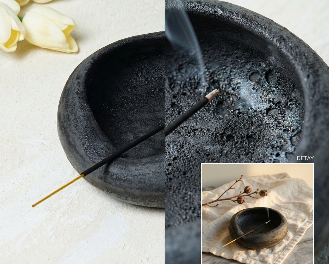 Stoneware Incense Holder siyah krater doku yakın çekim detayı, el yapımı seramik tütsülük