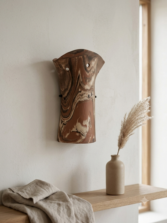 Handcrafted stoneware wall sconce mounted on a minimalist white plaster wall with soft uplighting