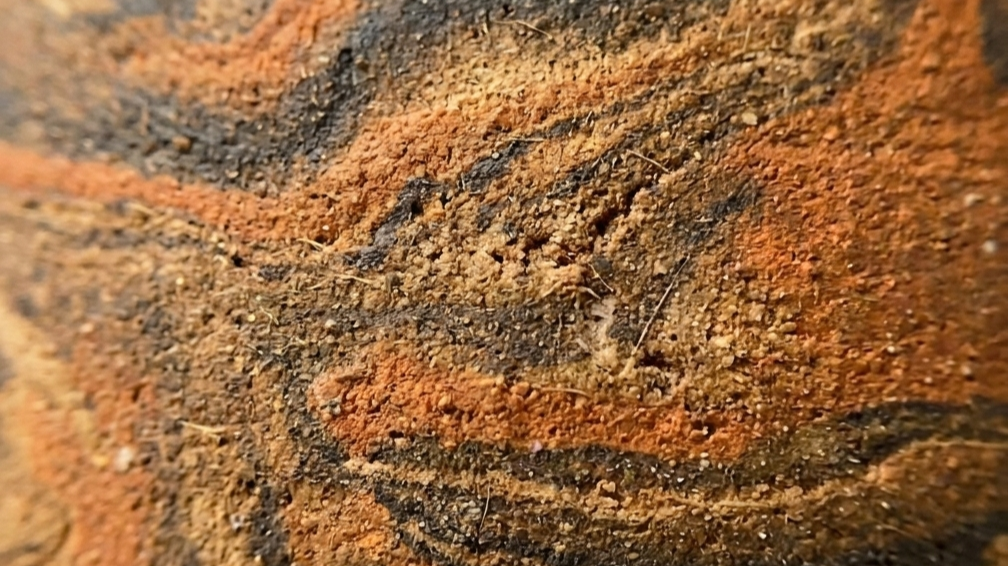 Archaic Bowl ebruli ochre charcoal doku yakın çekim