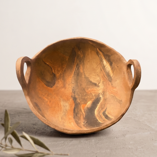 Archaic Bowl, el yapımı stoneware seramik çanak, sırsız ebruli ochre charcoal doku