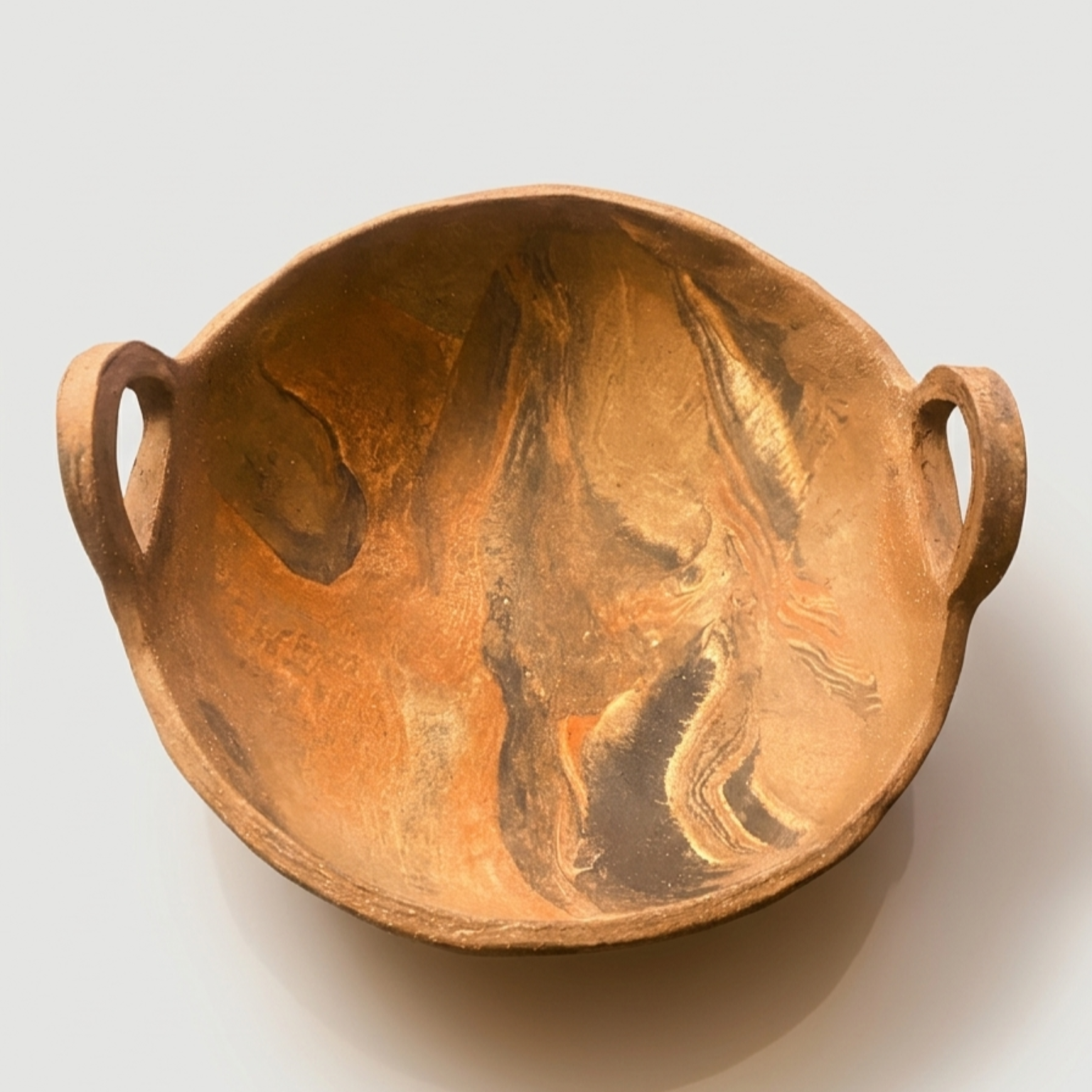 Archaic Bowl, el yapımı stoneware seramik çanak, sırsız ebruli ochre charcoal doku