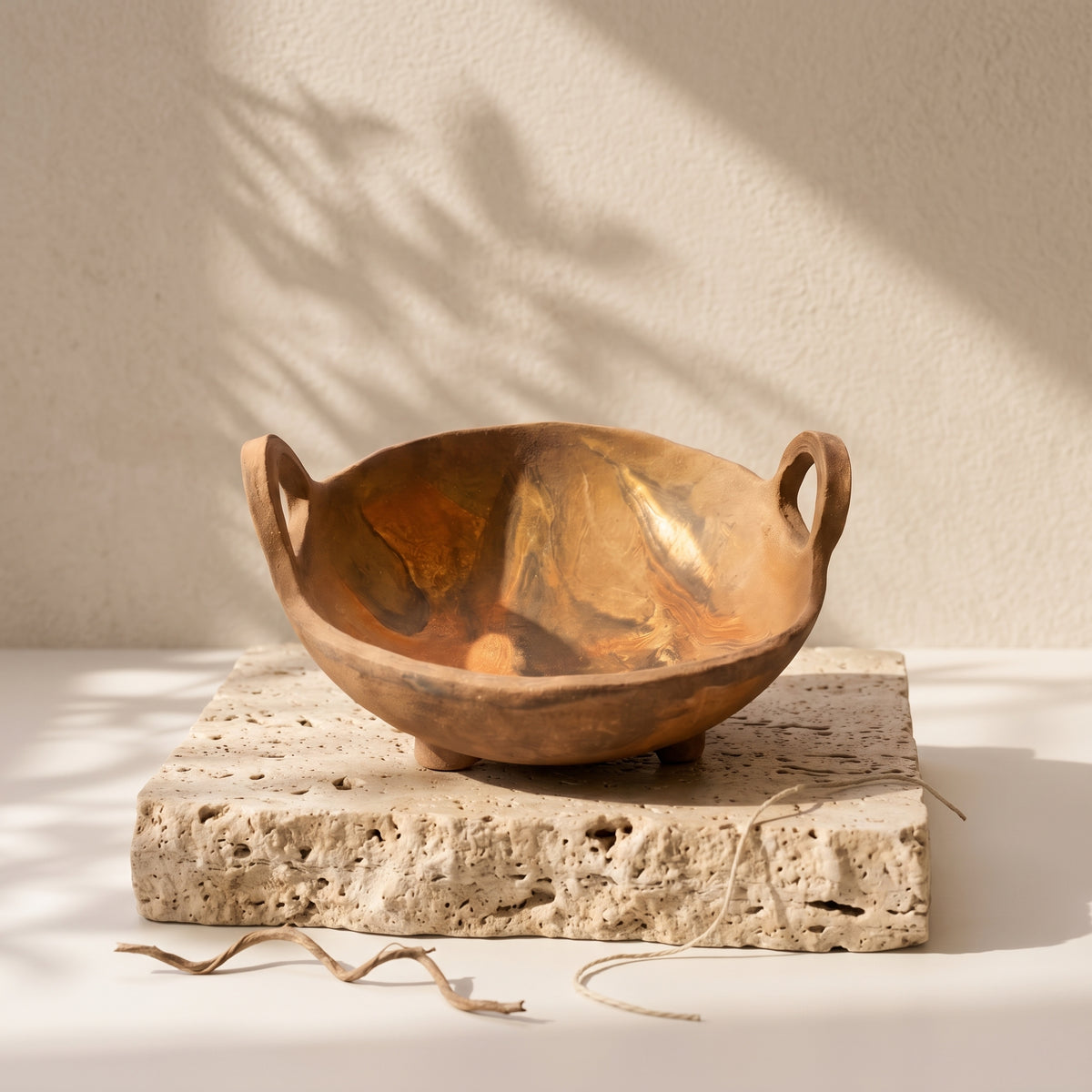 Low angle studio shot of the handcrafted ceramic bowl resting on a stacked travertine block