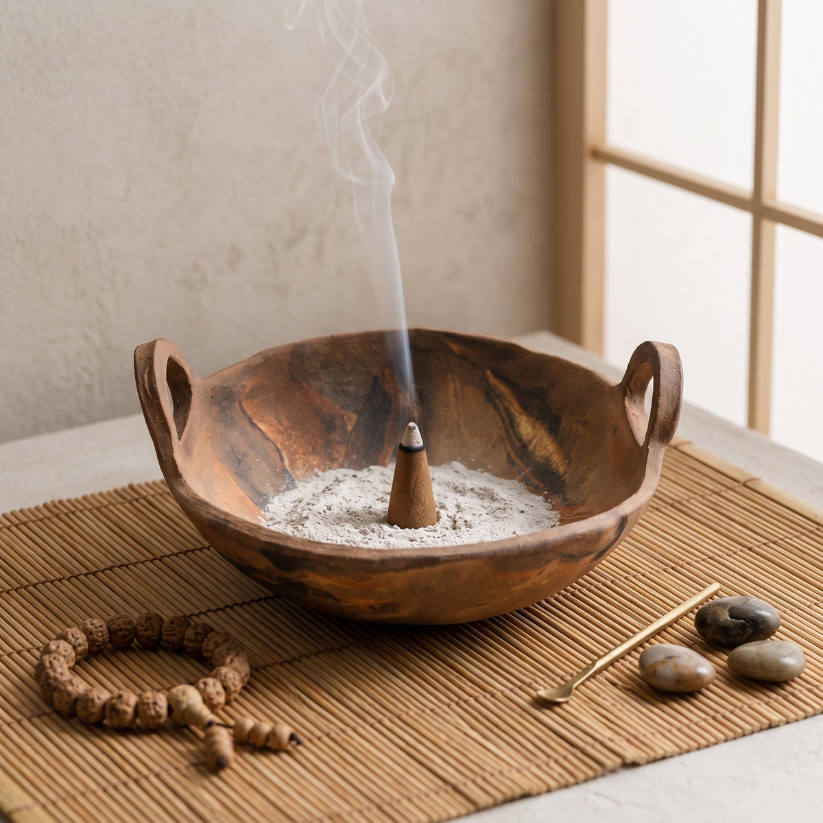 Zen ritual setup with Palo Santo sticks arranged inside the handmade archaic ceramic bowl