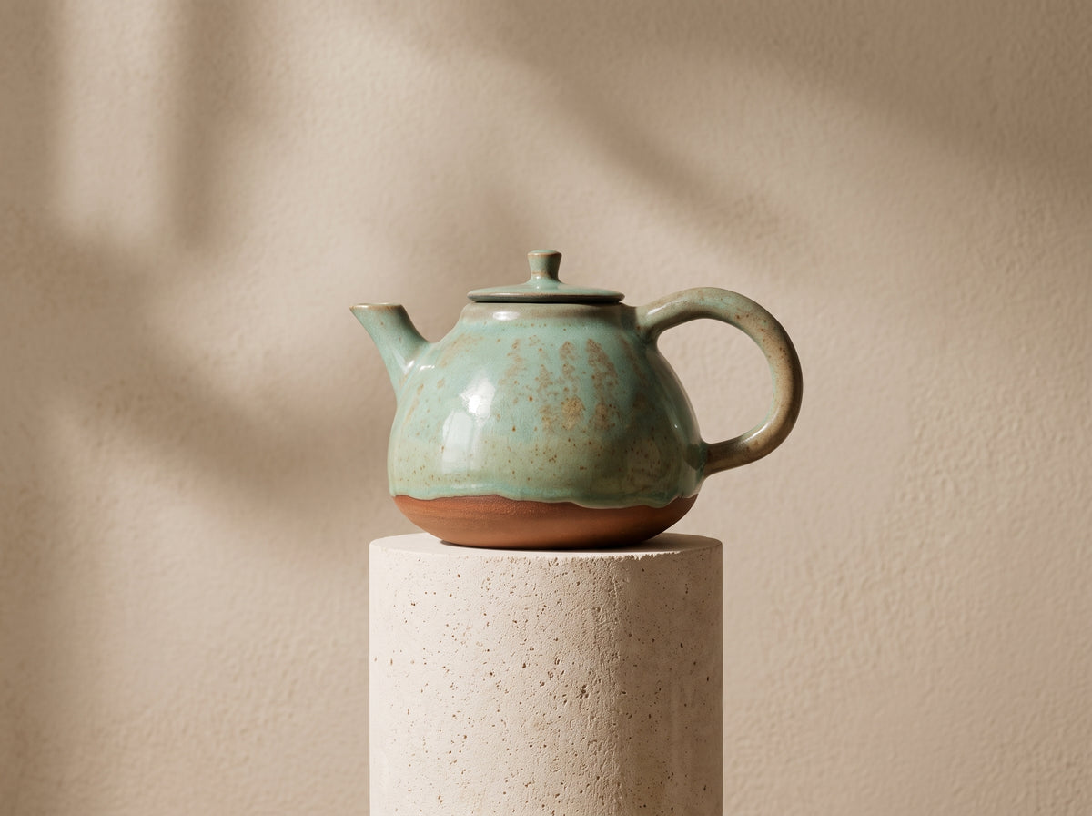 Handcrafted artisan teapot on tall display pedestal with architectural soft shadows.