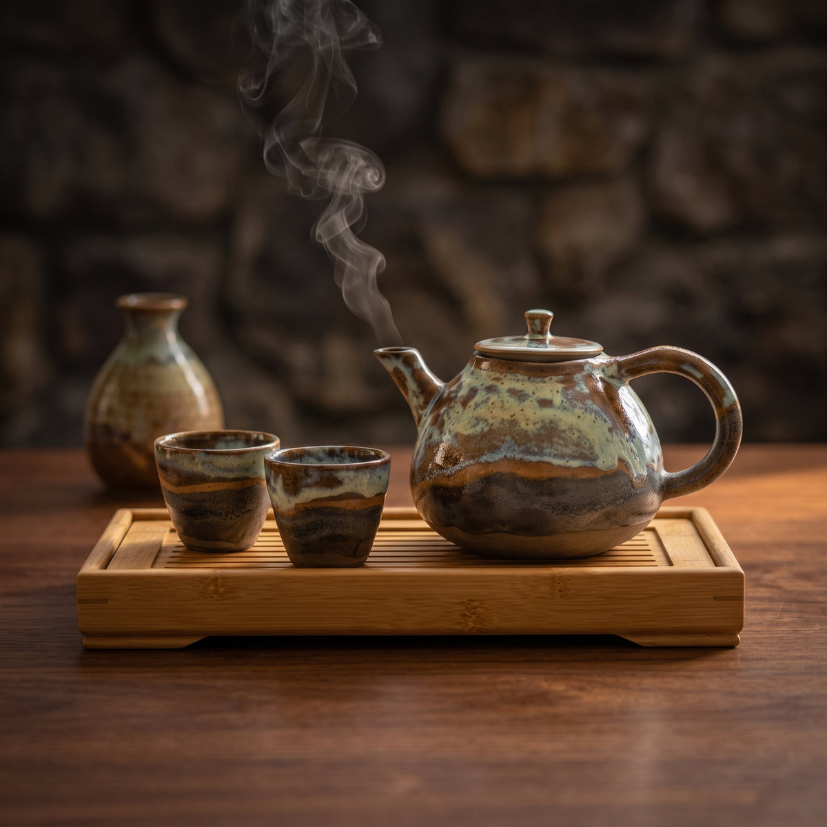 An artisan, ceramic teapot with a speckled brown glaze sits on a bamboo tray on a wooden table, next to two small, matching tea cups and a blurred vase in the background, with smoke rising from the spout.