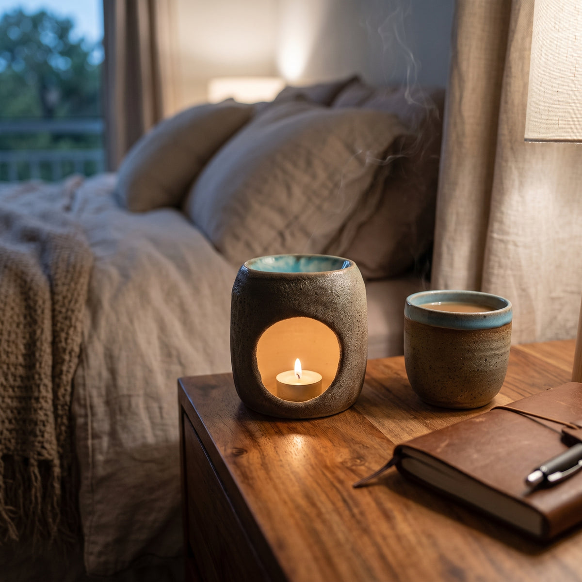 warm relaxing ambient nightstand glow with ceramic wax burner in bedroom