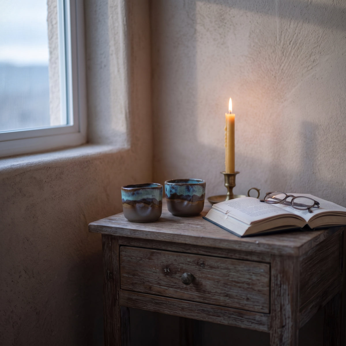 A cozy bedside vignette with a ceramic shot cup on a wooden nightstand next to a lit candle, an open book, and reading glasses.