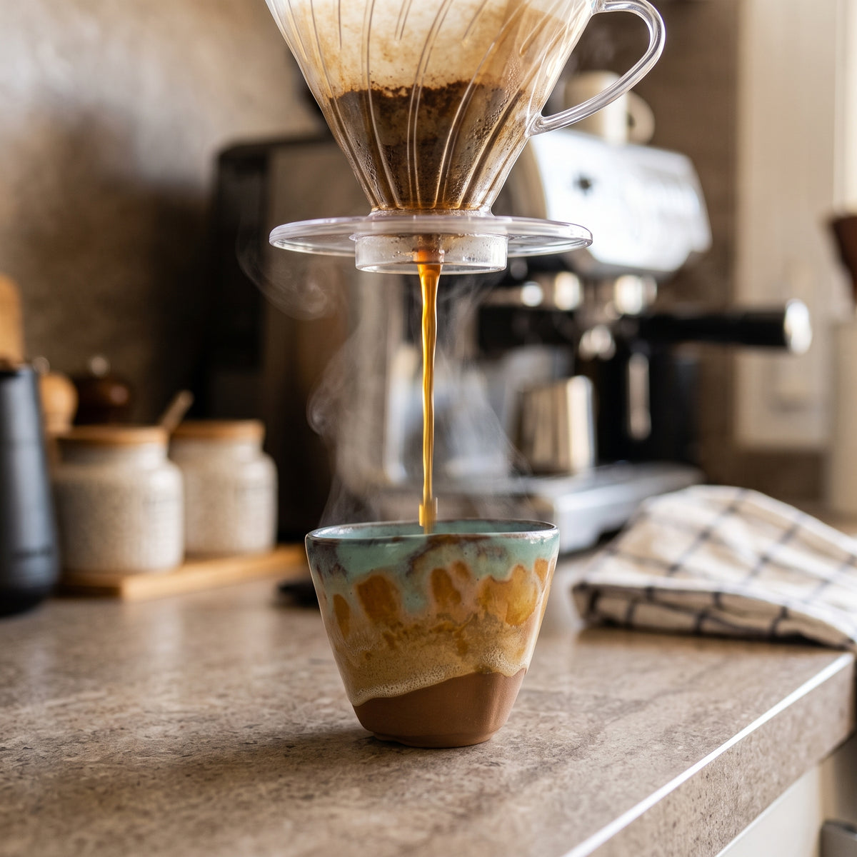 Handcrafted ceramic matcha bowl arranged on a coffee bar counter alongside artisanal drippers and cups