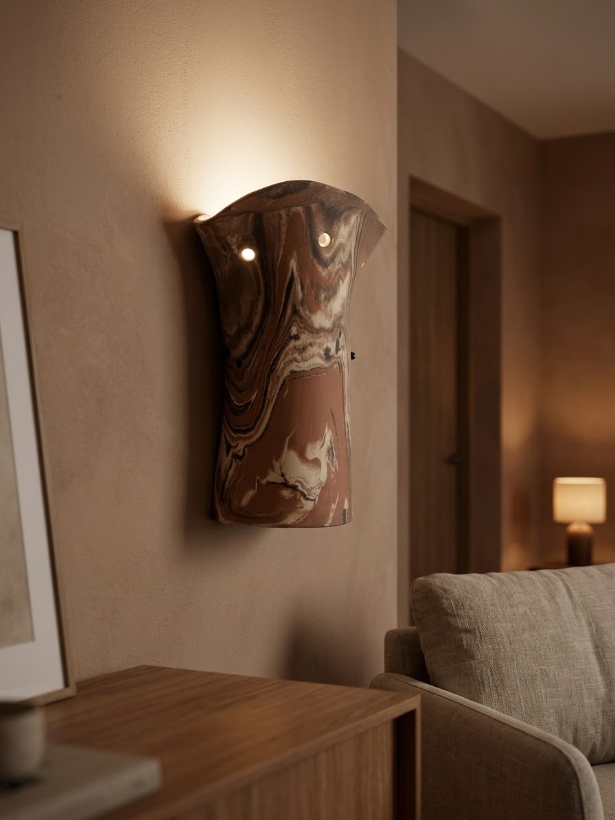 Artisanal ceramic wall light fixture styled in a warm, minimalist entryway passage
