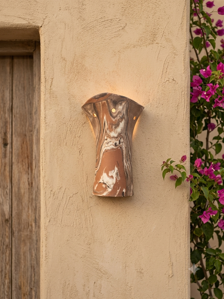 Artisanal ceramic wall sconce mounted beside a rustic wooden doorway in a Mediterranean home