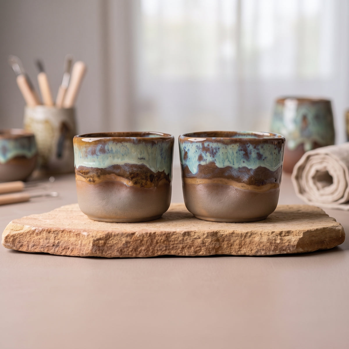 A curated gift display featuring ceramic shot glasses, wooden-handled tools, and a small potted succulent on a textured sandstone plinth.