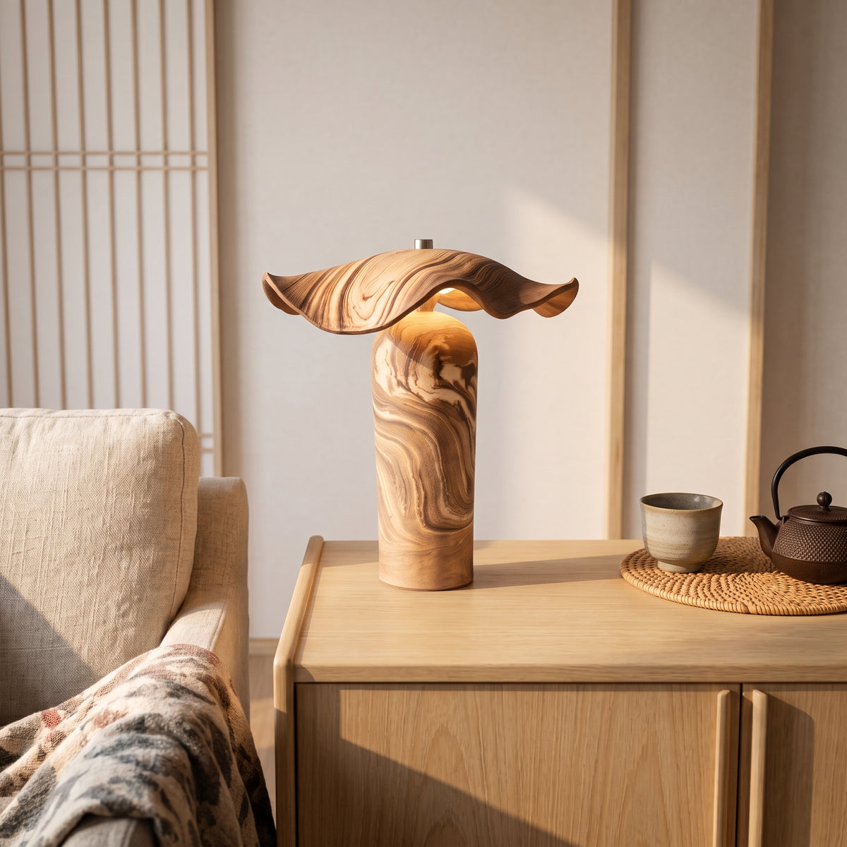 Clean and balanced presentation of the Enso ceramic table lamp in a bright, modern interior room