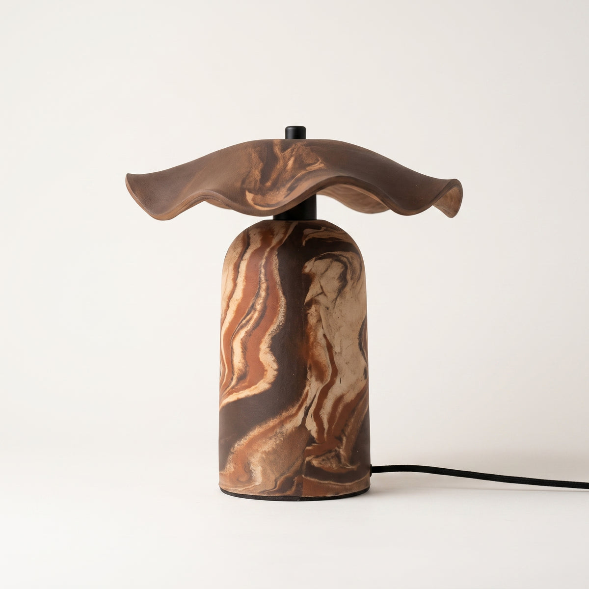 Rear profile of Enso Dark Espresso ceramic lamp showing neat cable outlet design