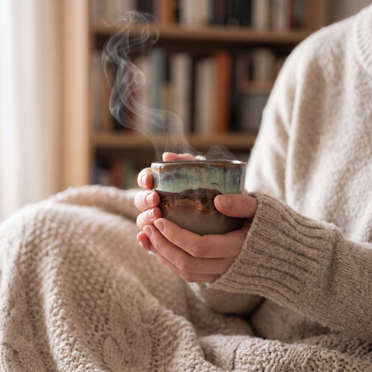 A person wearing a cozy knit sweater holds a steaming handmade ceramic shot glass with a unique blue dripping glaze, set against a blurred library background.