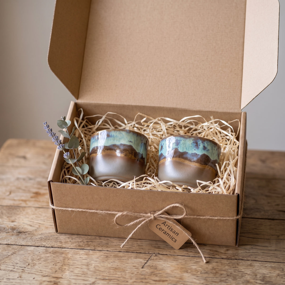 A pair of handmade ceramic shot glasses neatly packaged inside a sustainable cardboard gift box filled with shredded paper.