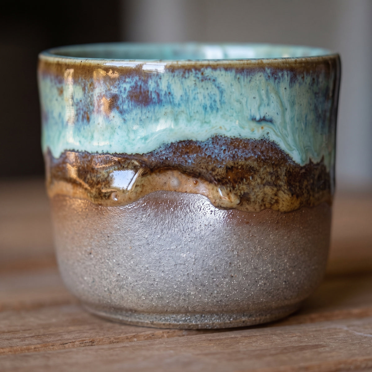Clear, centered front view product shot of a single handmade stoneware shot glass, showcasing the tactile glaze texture and earthy color gradient.