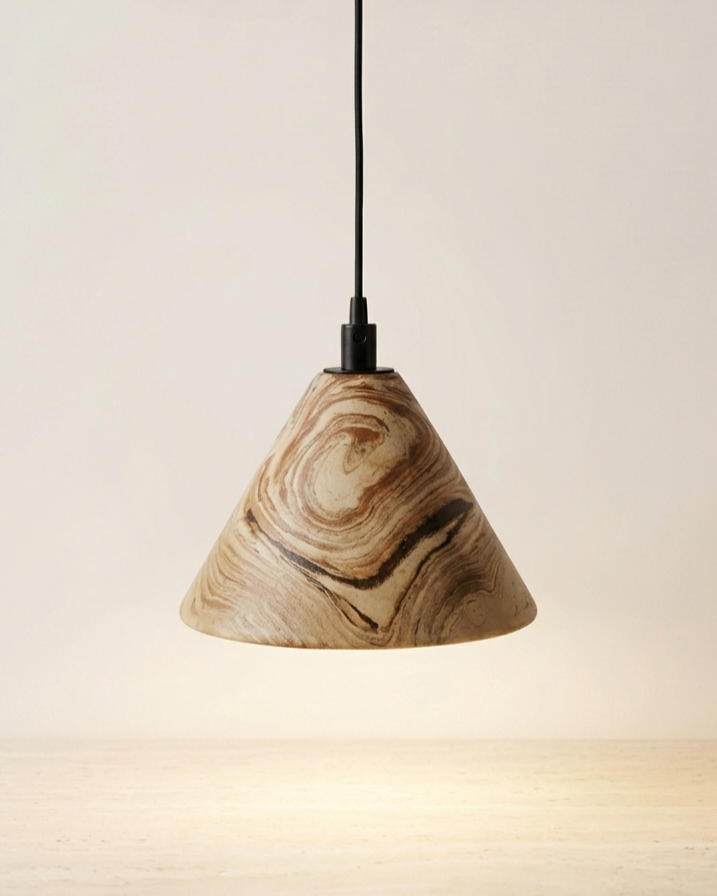 Lumina Single Pendant Light genel görünüm, konik form, nerikomi ebruli doku