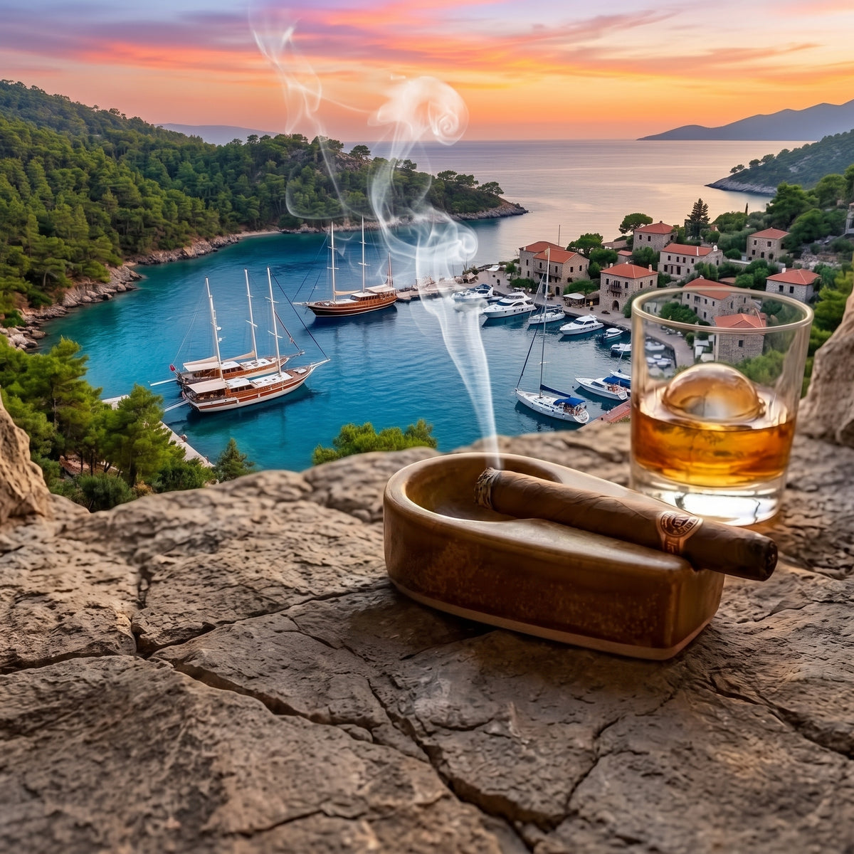 A stunning travel photography shot of a ceramic cigar ashtray with a lit cigar and whiskey glass, set against a picturesque ocean bay and village background