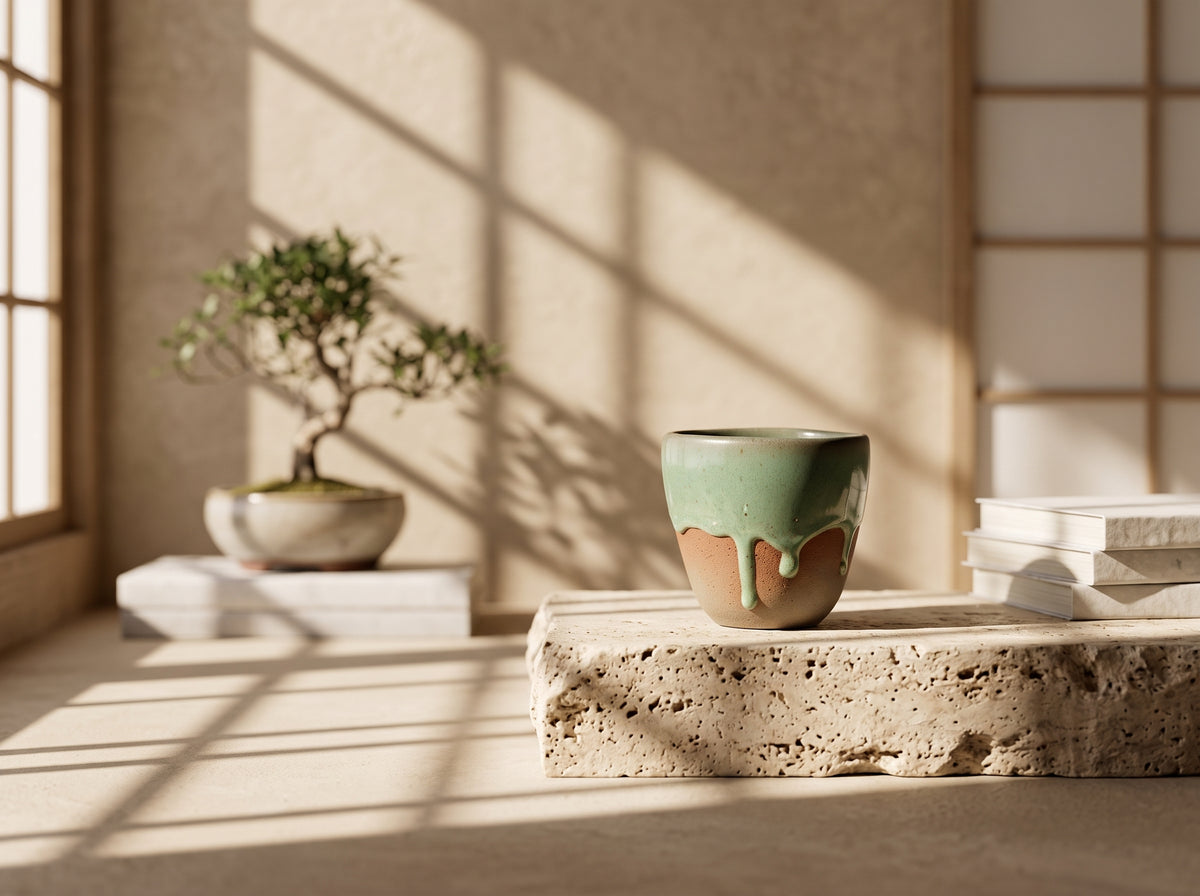 LyLceramics Olive Sip stoneware cup placed on a stone block near a potted bonsai tree under window light.