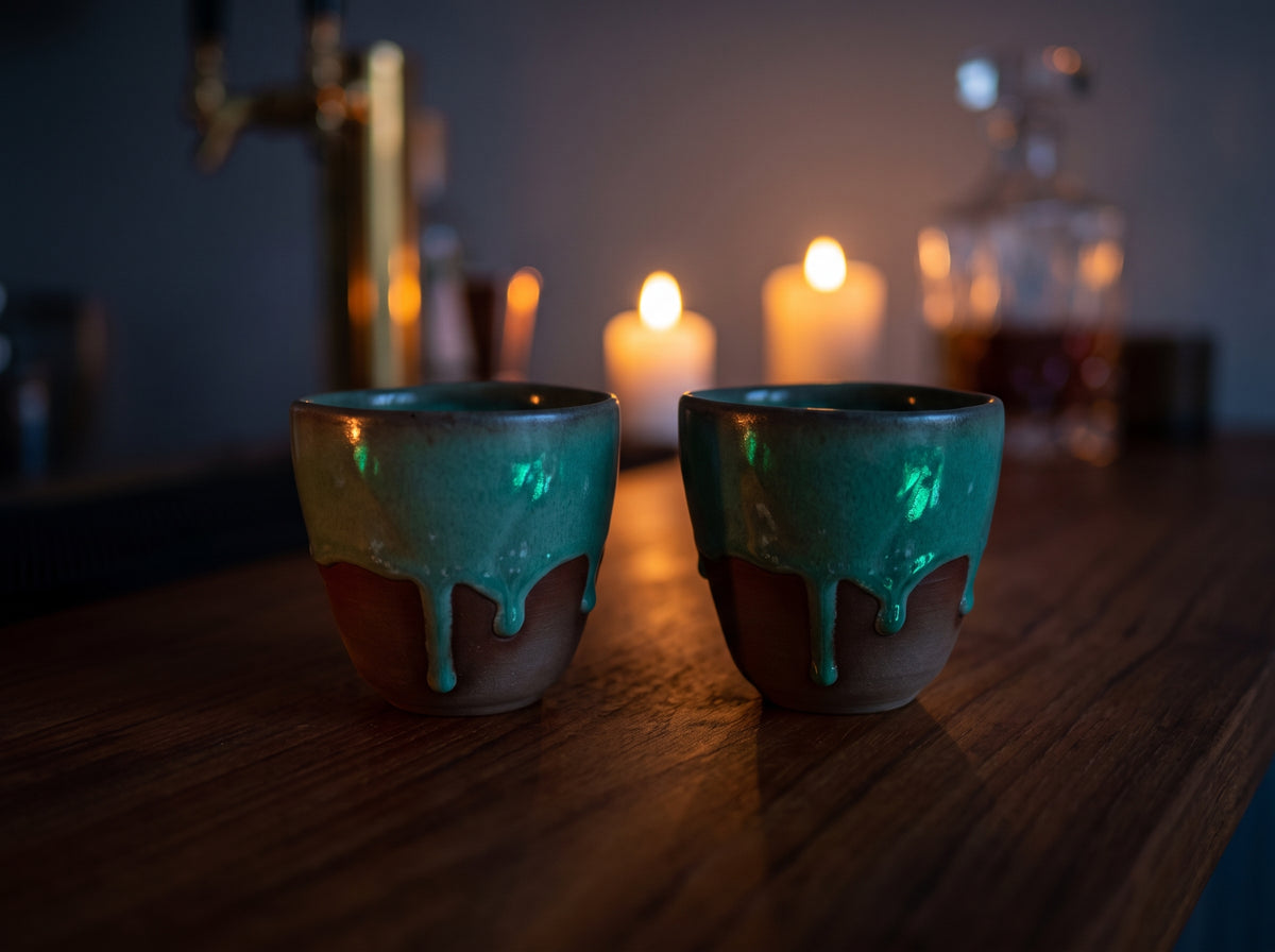Pair of Olive Sip ceramic cups glowing softly in warm candlelight on a dark wooden table.