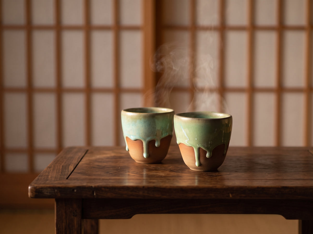 Two Olive Sip stoneware tumblers placed on a low dark wooden table in a Japanese-inspired minimalist room.