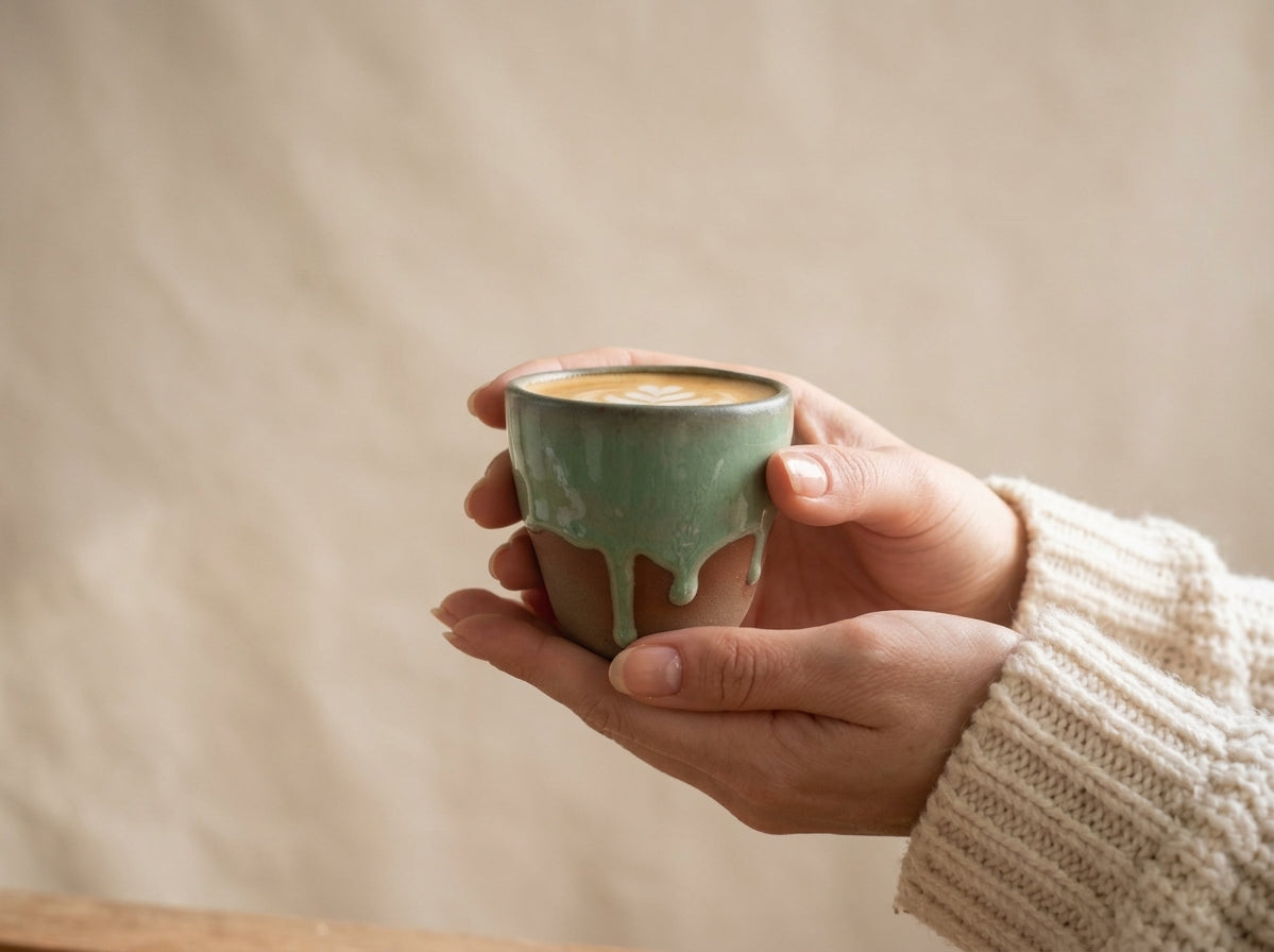 Person holding an Olive Sip ceramic cup in hands wearing a cozy cream knit sweater.