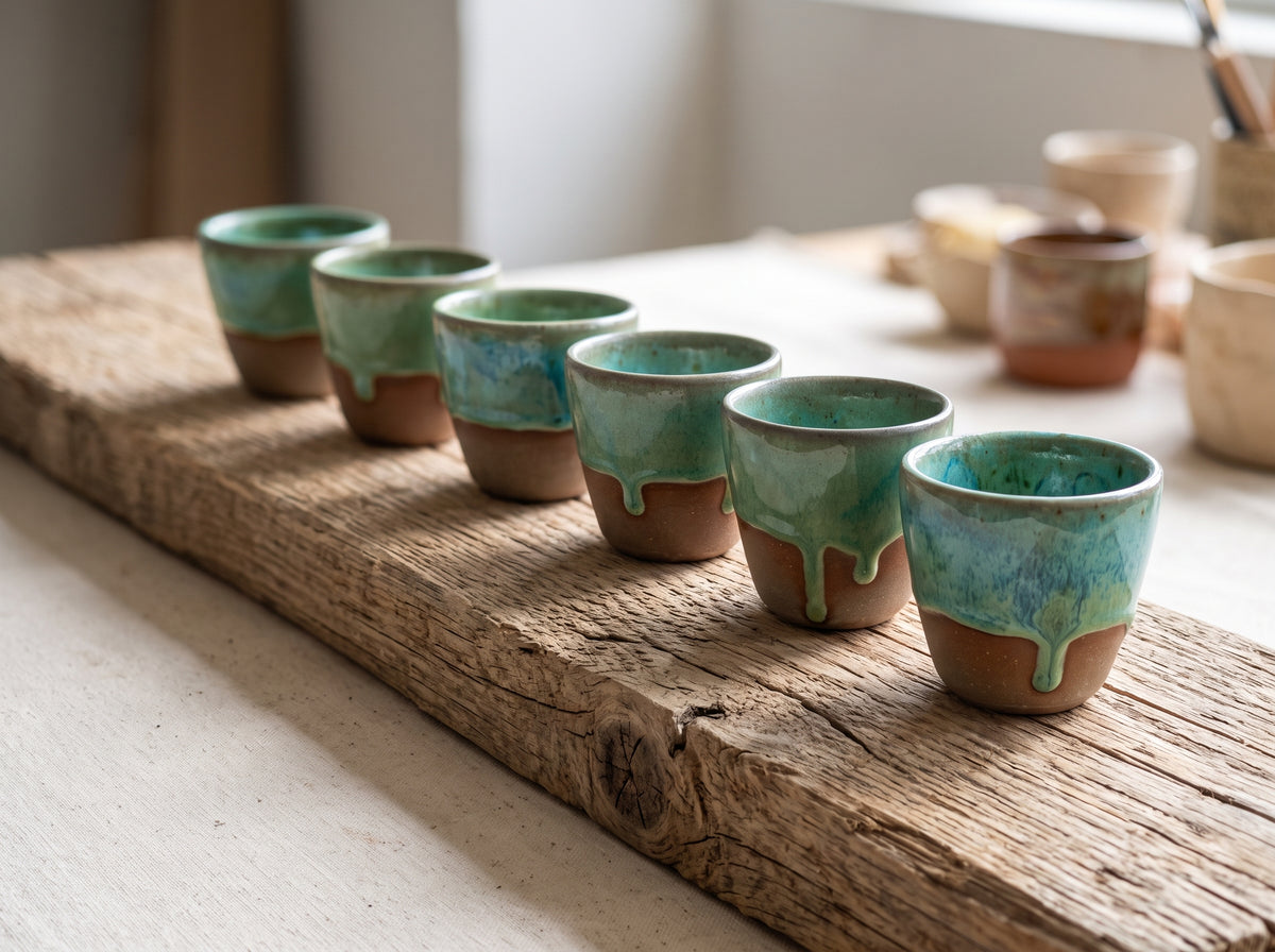 Row of handmade olive green glazed ceramic cups lined up on a rustic wooden beam.