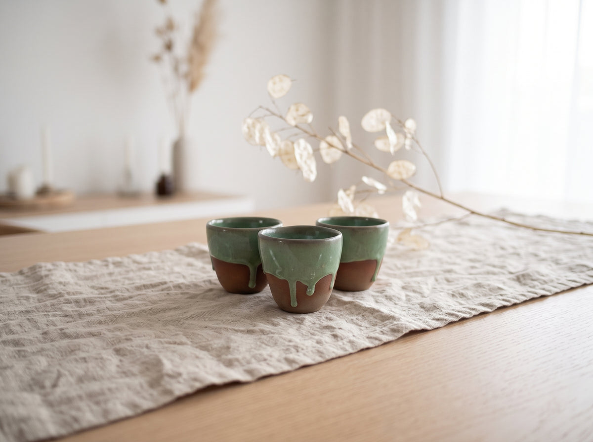 Cluster of LyLceramics Olive Sip ceramic cups arranged along a patterned linen runner on a dining table.