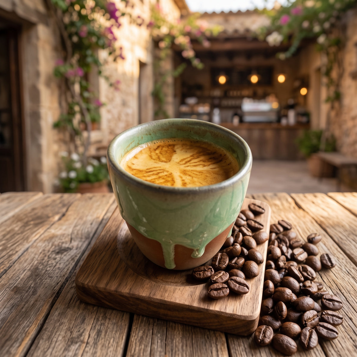 LyLceramics Olive Sip espresso cup with rich coffee and scattered roasted beans on an outdoor wooden table.