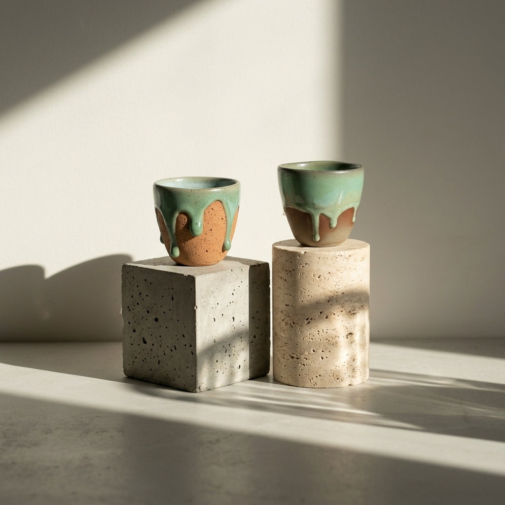 Two Olive Sip stoneware cups resting on concrete display blocks under sharp geometric window shadows.
