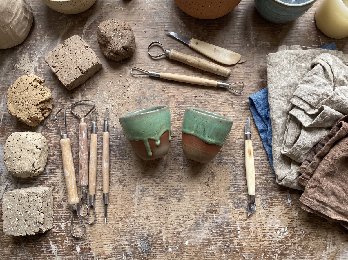 Two Olive Sip cups sitting among artisanal pottery trimming tools, clay, and sponges on an artisan workbench.