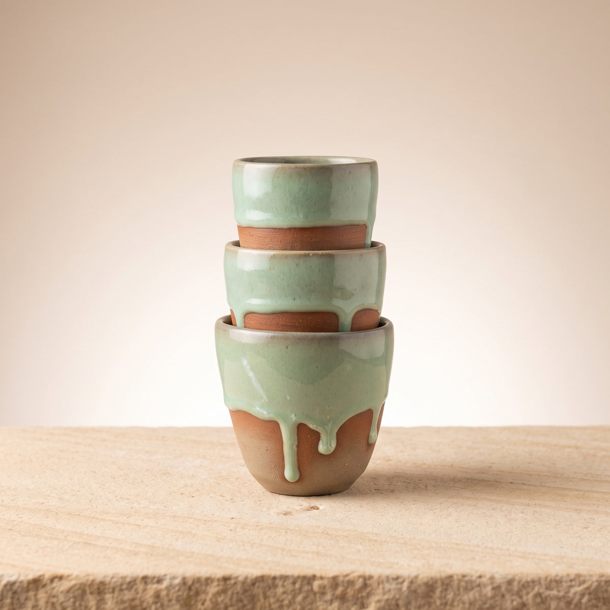 Trio of LyLceramics Olive Sip ceramic cups stacked vertically on a natural rough stone slab.