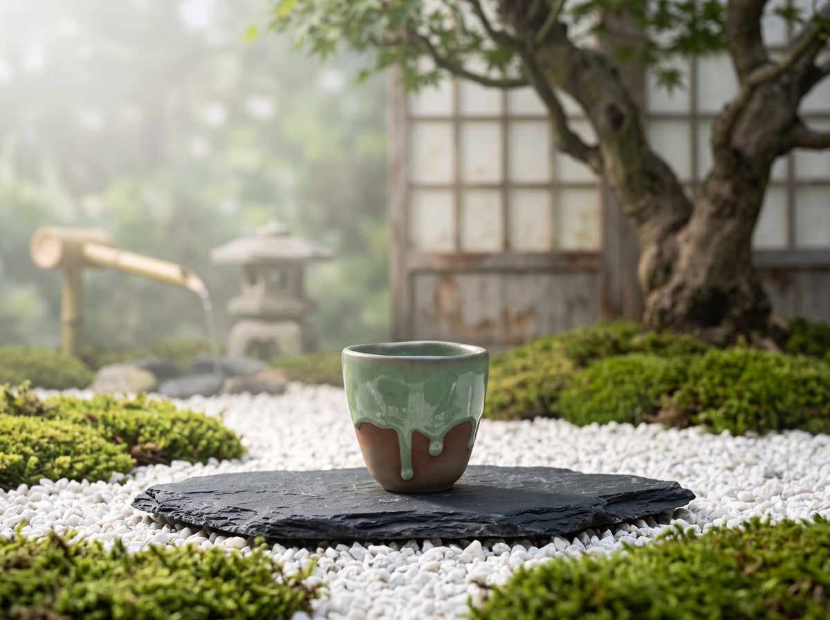 LyLceramics Olive Sip stoneware cup set on a black slate stone in a Japanese zen garden setting.