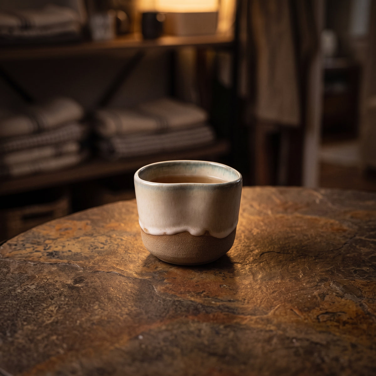 Handmade ceramic tumbler glowing in warm ambient evening lighting on a rustic stone table.