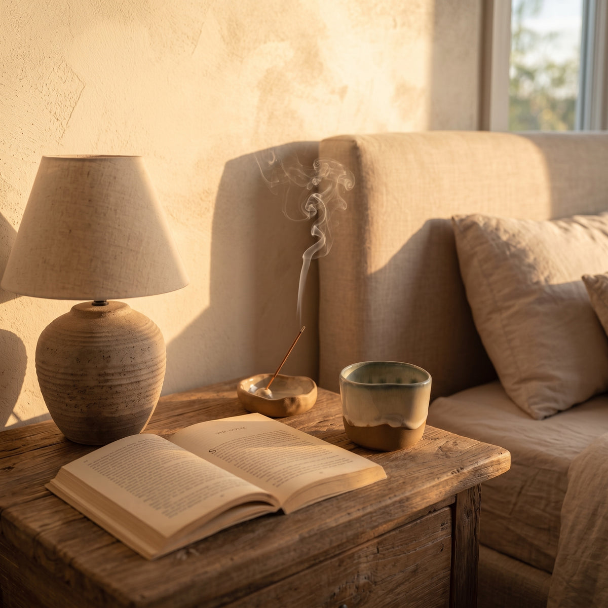 Cozy evening bedside setting featuring the handmade ceramic cup next to an open book and glowing lamp.