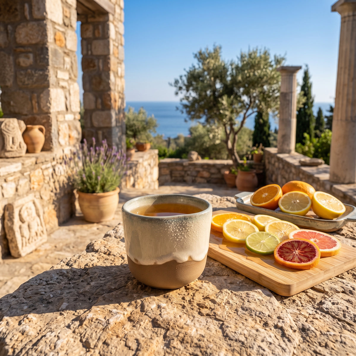 LyLceramics Stone Shot cup served with fresh citrus slices on a sunny coastal Mediterranean stone terrace.