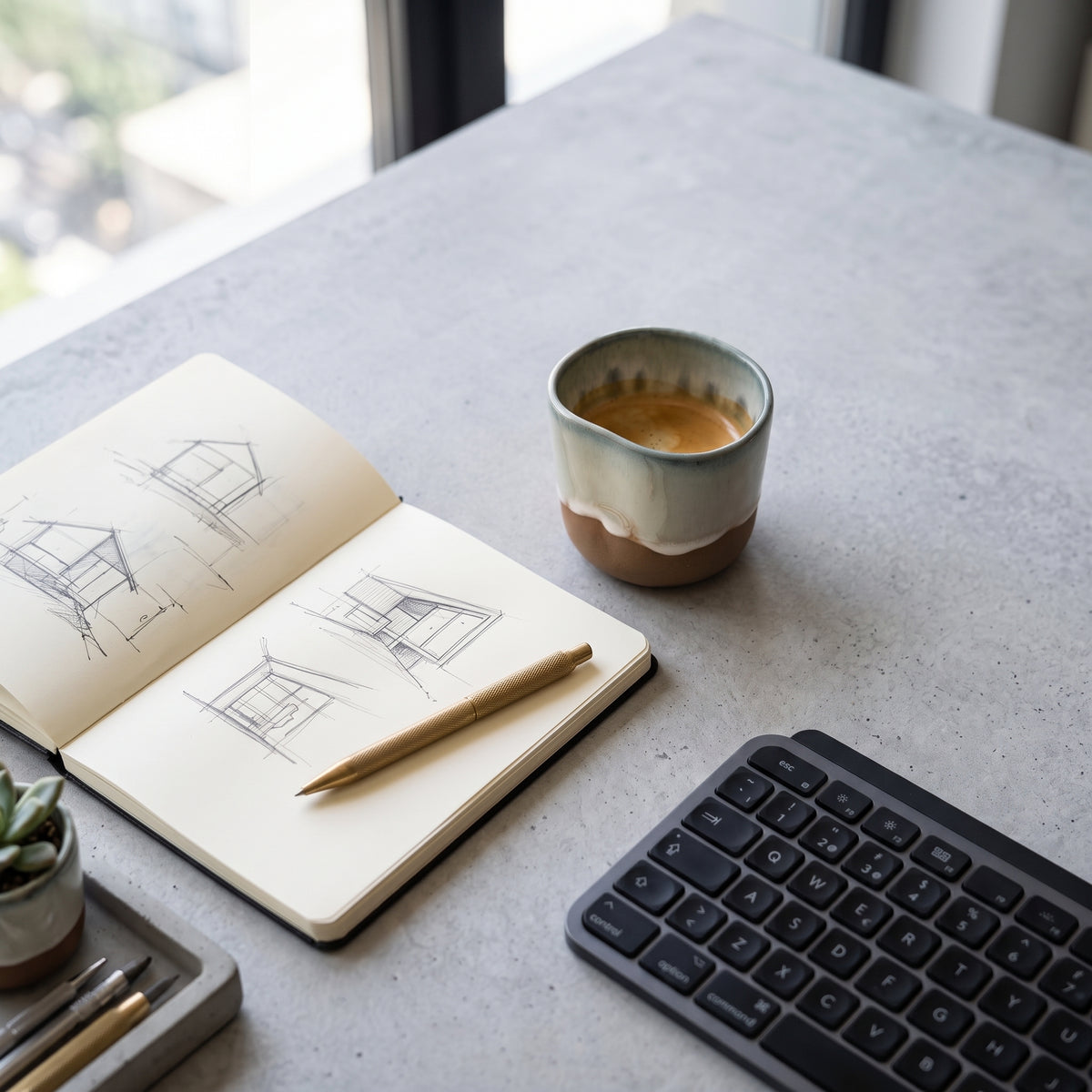 Modern creative workspace featuring the stoneware espresso cup next to an open sketchbook and brass pen.