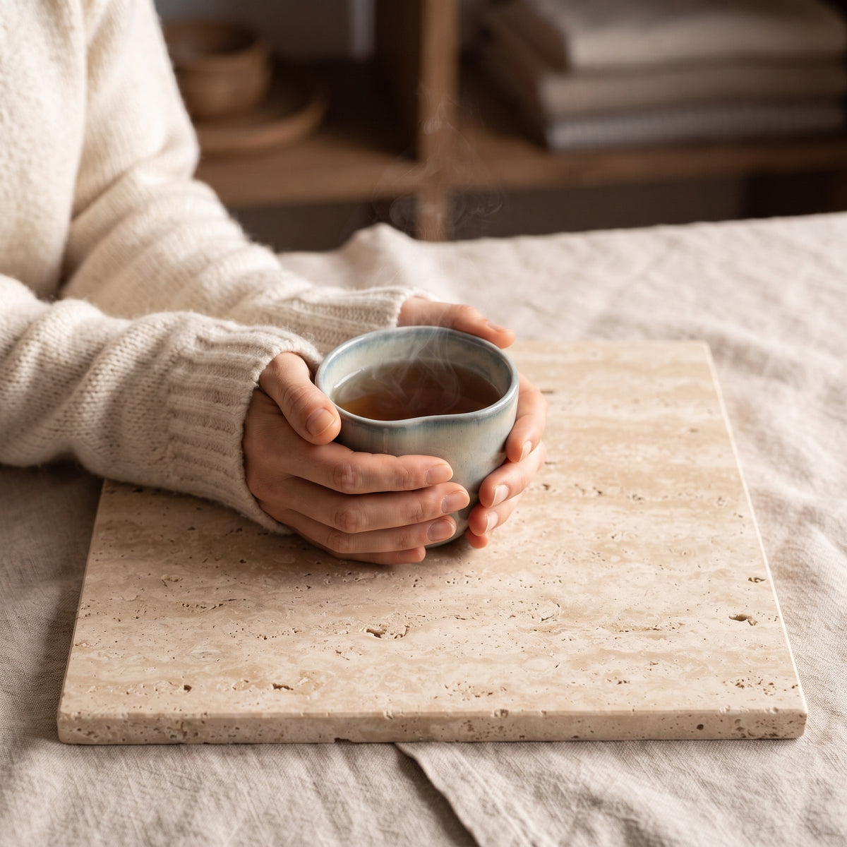 Cozy lifestyle shot of hands holding the Stone Shot ceramic cup over a stone board.