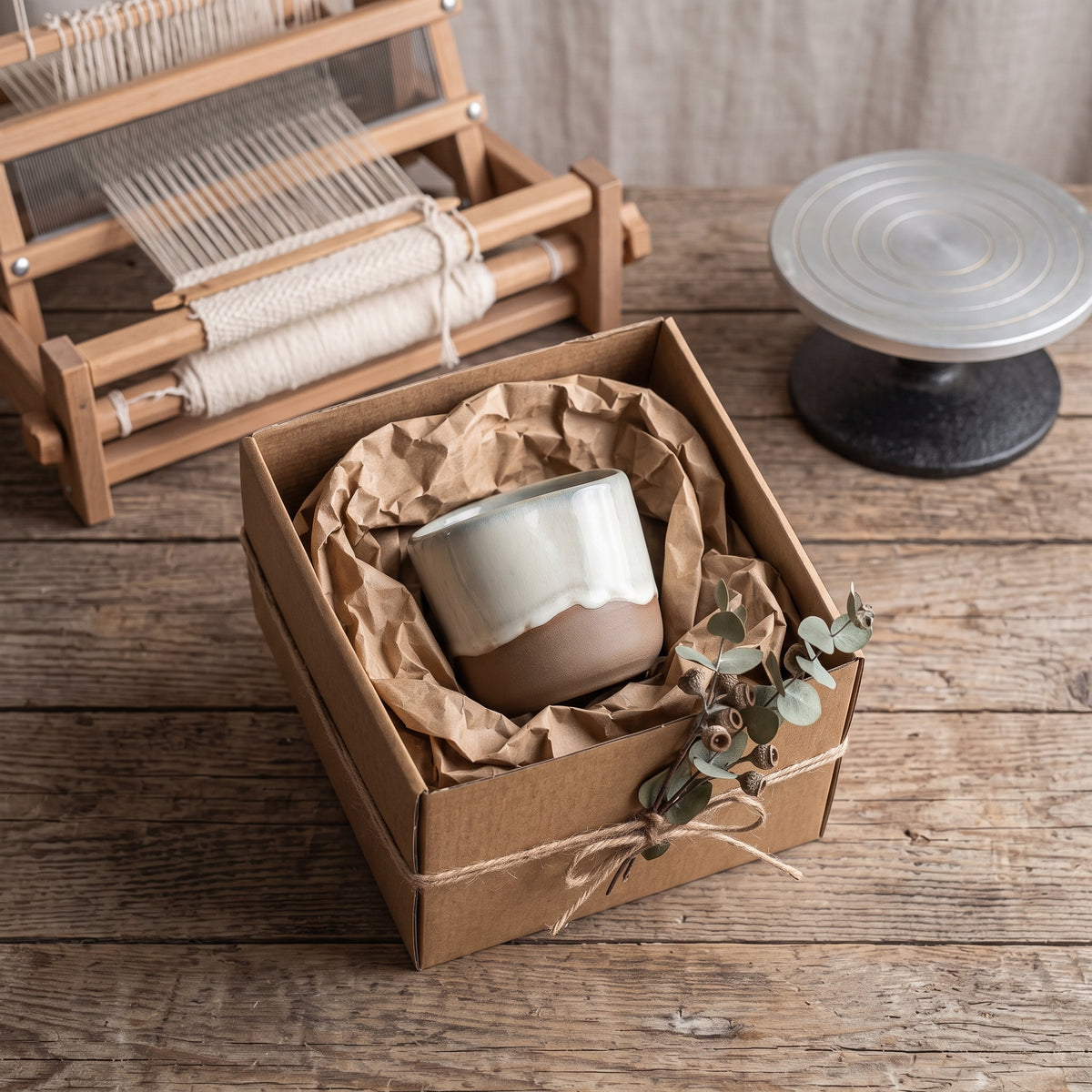 LyLceramics Stone Shot tumbler packaged in an eco-friendly kraft gift box with dried botanical accents.