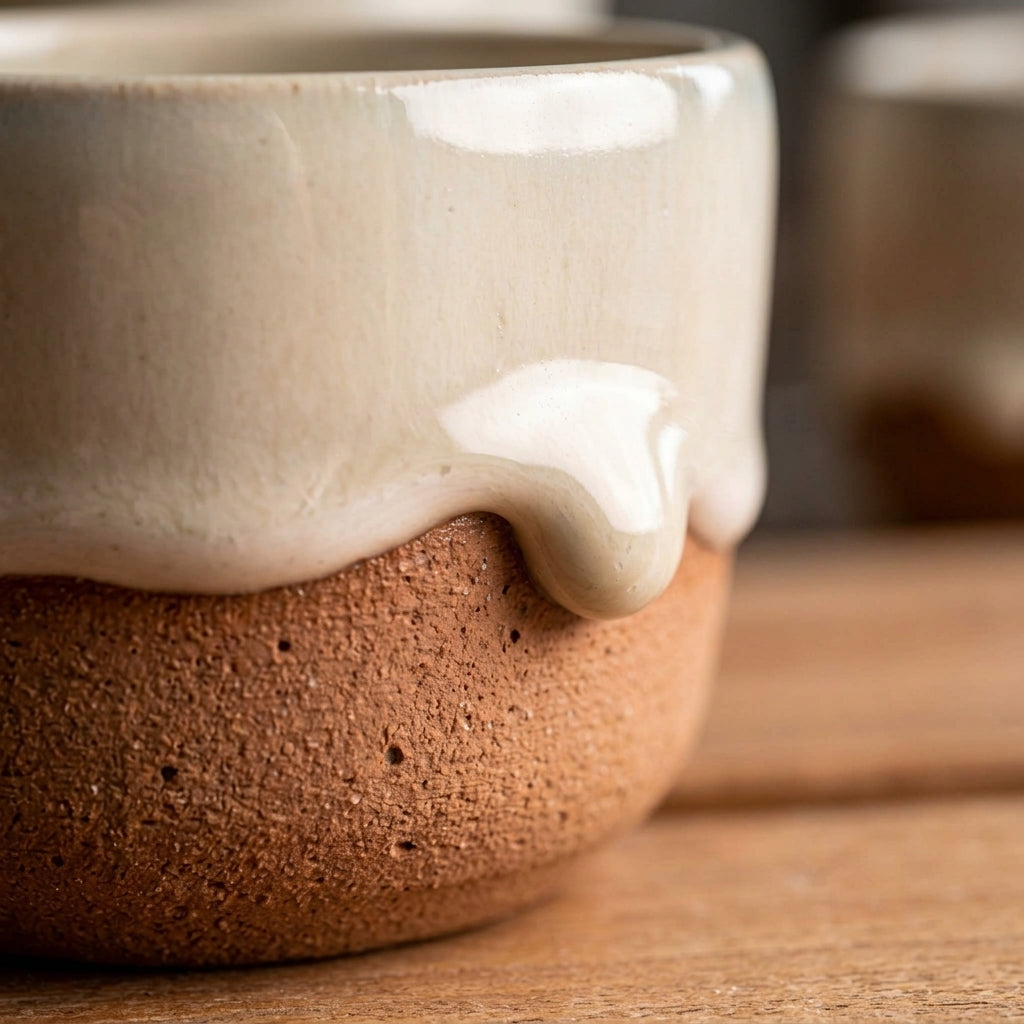 Macro close-up detailing the thick dripping reactive milk glaze meeting raw textured clay.