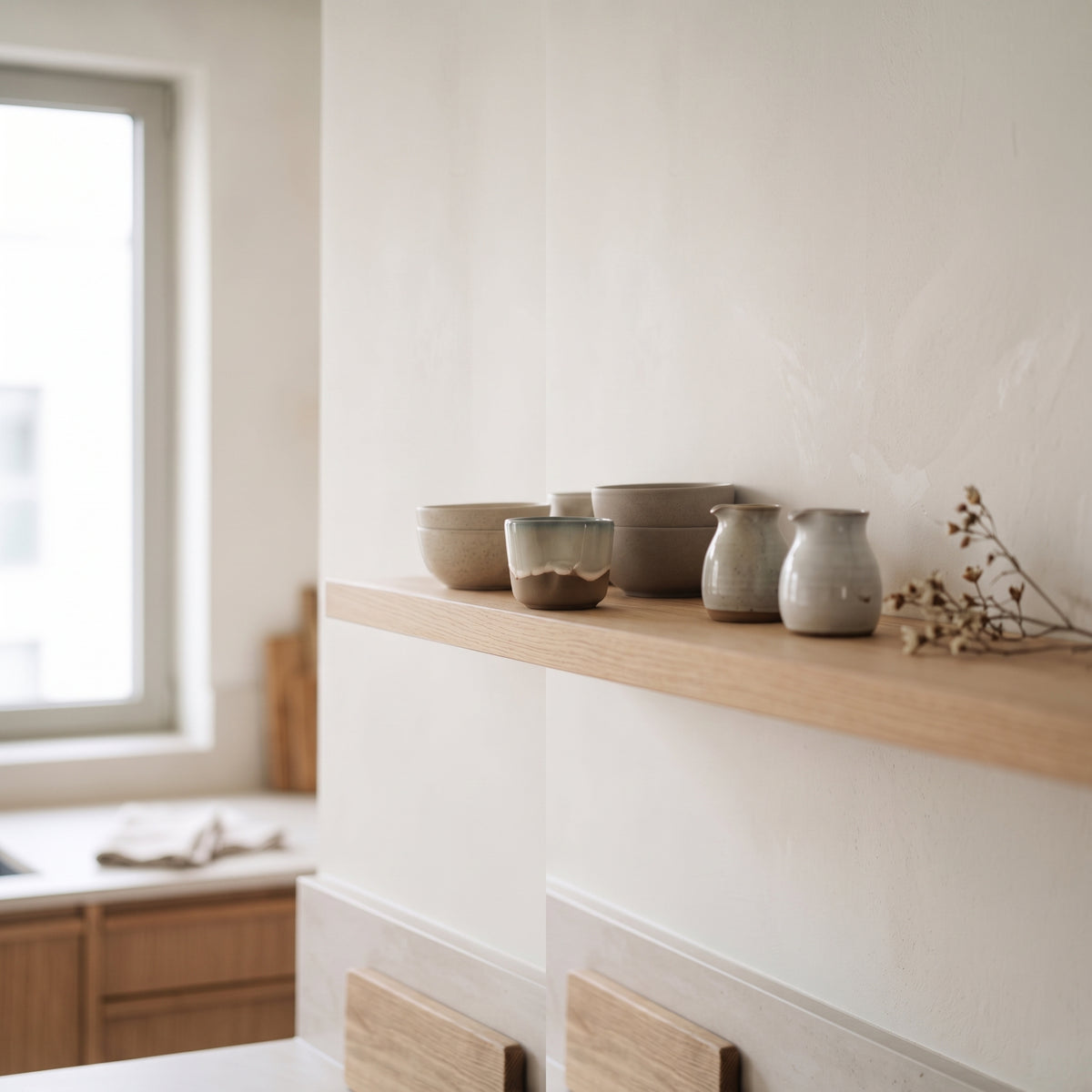 Ceramic drinkware cup displayed alongside matching bowls on a contemporary wooden kitchen shelf.