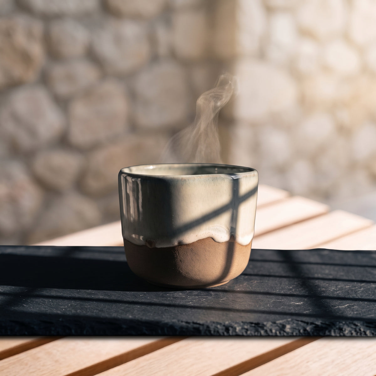Steaming ceramic cup placed on a dark slate runner against a Mediterranean stone patio background.