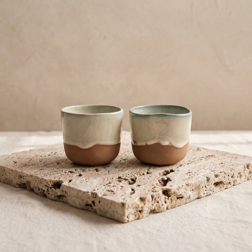 Pair of LyLceramics Stone Shot handmade cups arranged on a flat natural stone slab.