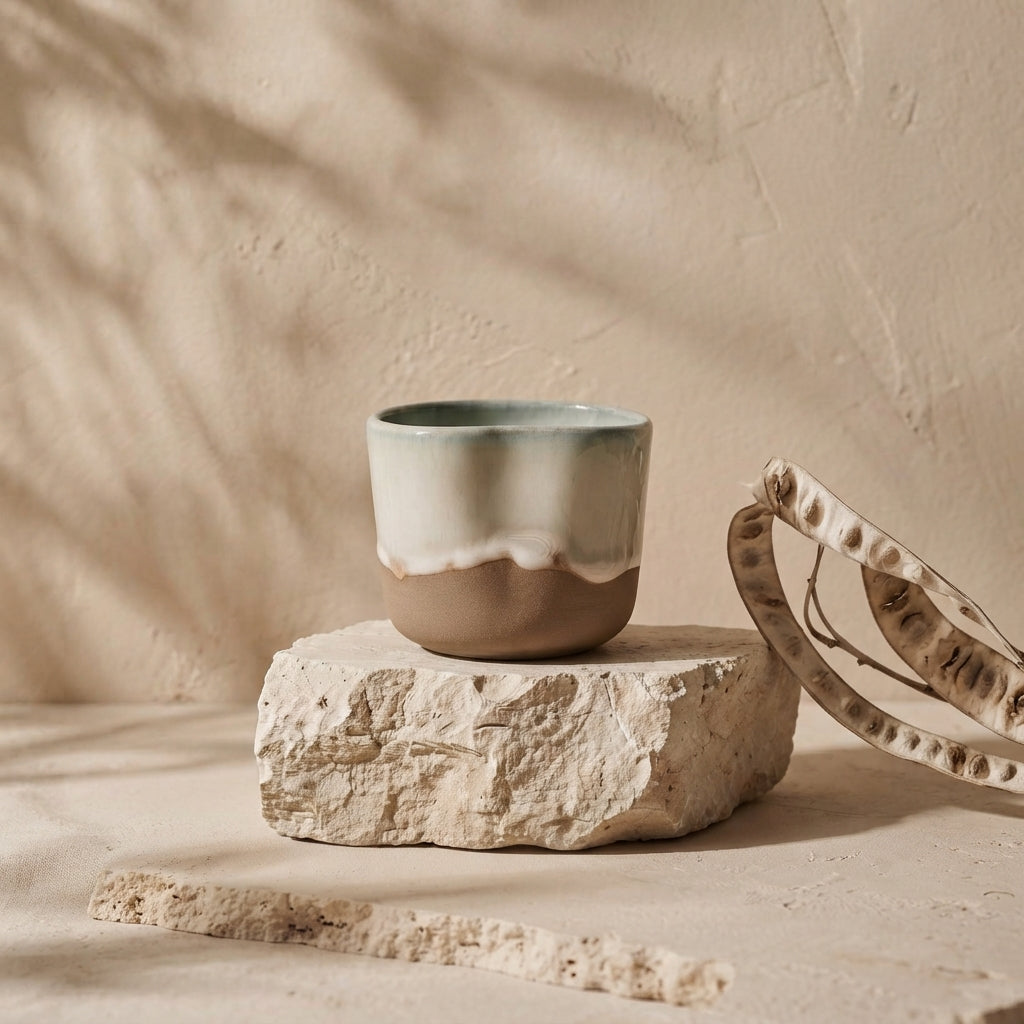 LyLceramics Stone Shot handmade stoneware cup displayed on a natural rough travertine pedestal against a beige background.