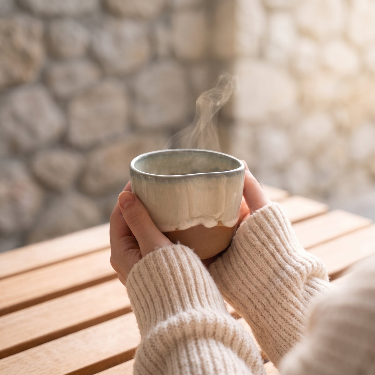 Person holding a steaming hot stoneware cup on a wooden slatted table against a rustic stone wall.