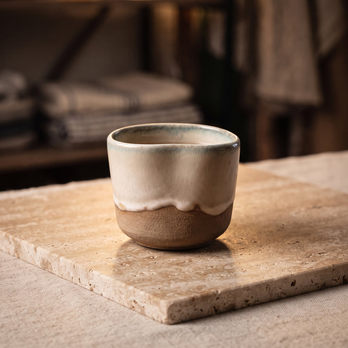 LyLceramics Stone Shot stoneware cup placed on a travertine block with cozy studio background.