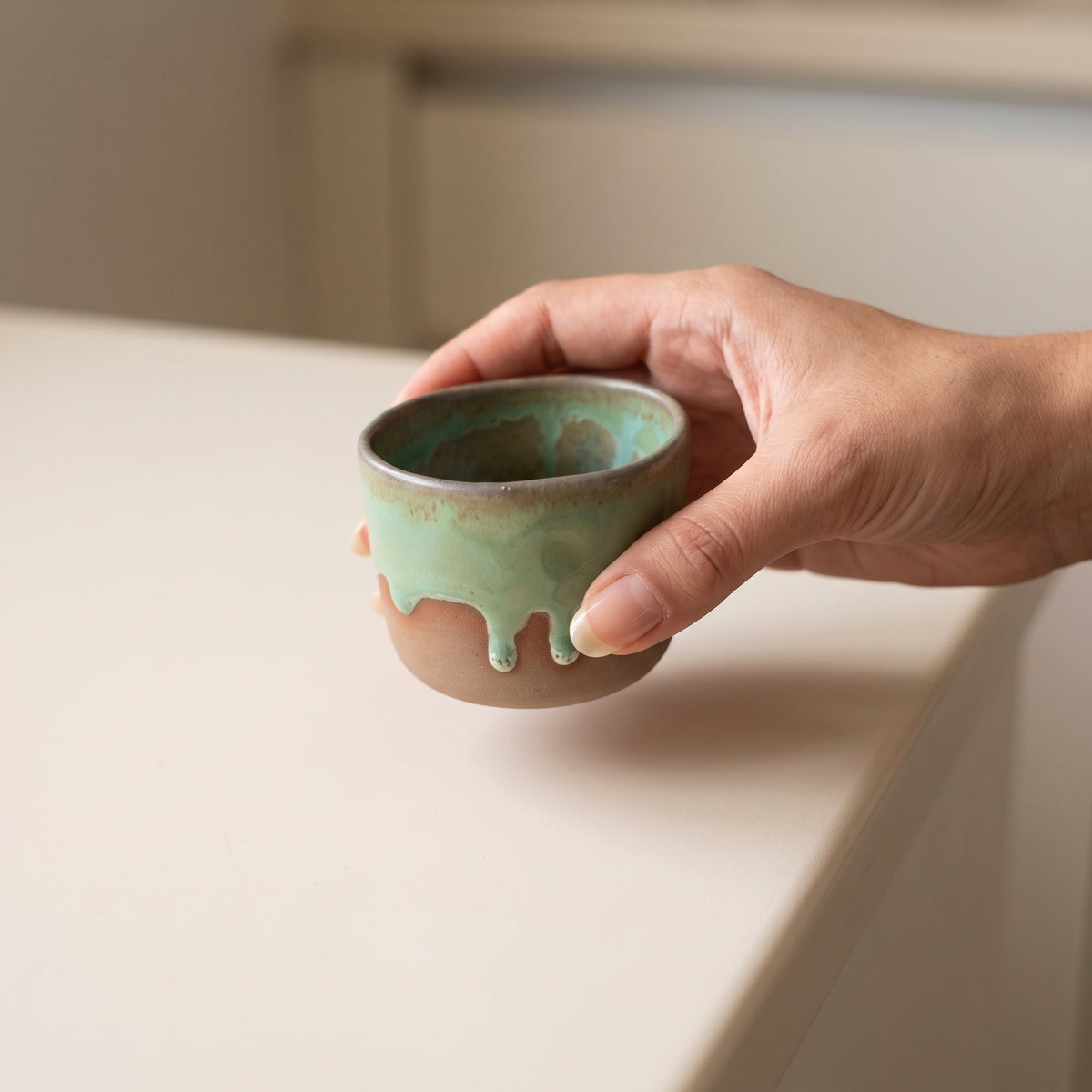 Hand holding an ergonomic handmade stoneware shot tumbler against a clean neutral wall.